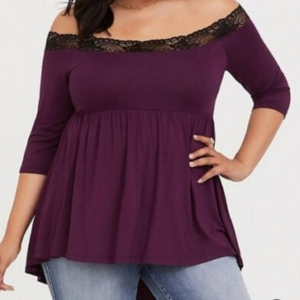 Torrid purple with lace super soft off the shoulder top size 2